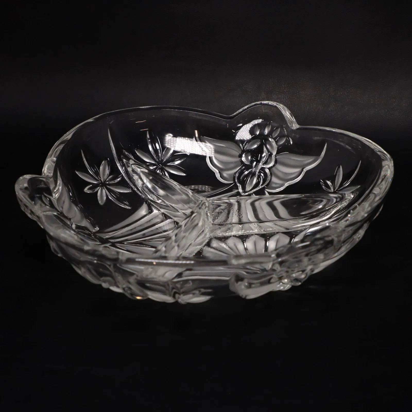 Gorham Crystal Holiday Angel of Peace 8" 3 Section Candy Nut Relish Glass Dish