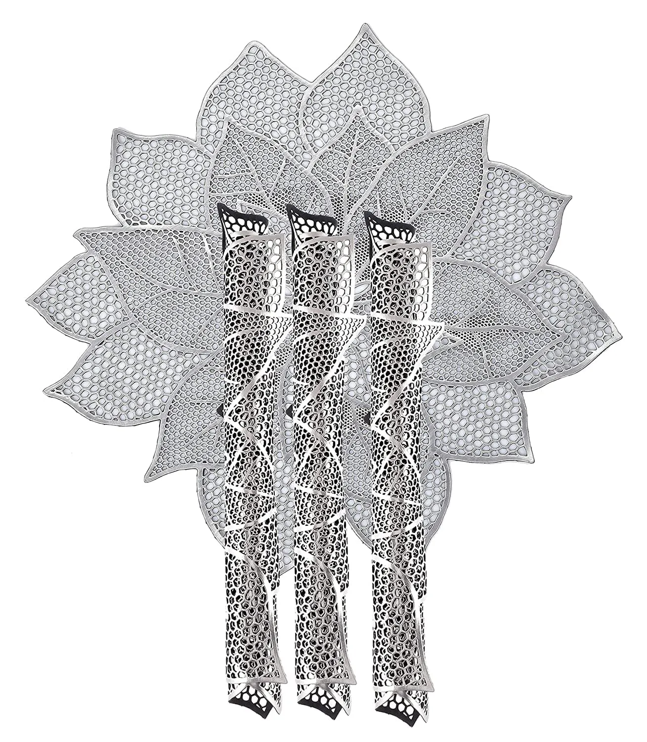 Heart Home Cutwork Design Soft Leather 6 Pieces Dining Table Hexagon Round Placemat Set (Silver) HEART614,Standard