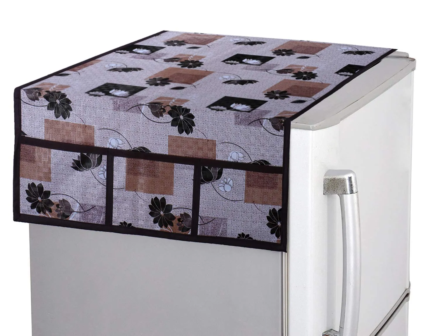 Heart Home Flower Design 3 Pieces PVC Fridge Mats and Flower Design 1 Piece Fridge Top Cover (Brown) - CTHH6625