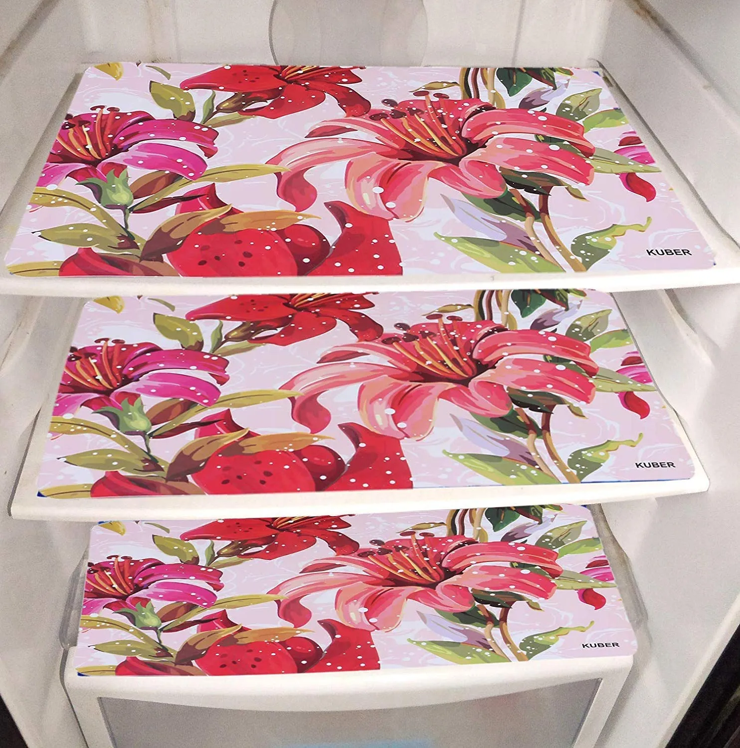 Heart Home Flower Design 3 Pieces PVC Fridge Mats and Flower Design 1 Piece Fridge Top Cover (Brown) - CTHH6625