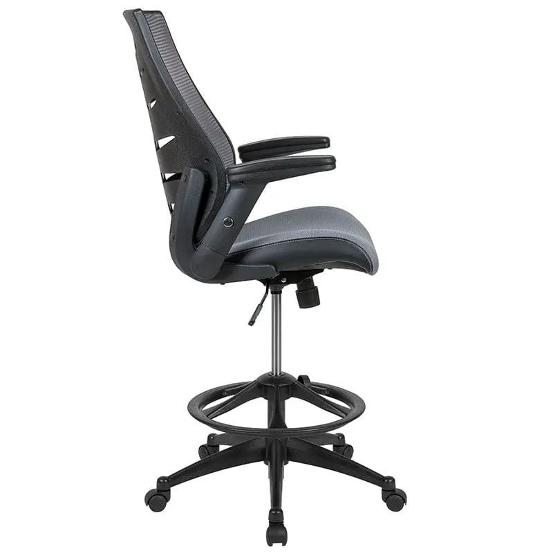 High Back Dark Gray Mesh Spine-Back Ergonomic Drafting Chair with Adjustable Foot Ring and Adjustable Flip-Up Arms [BL-ZP-809D-DKGY-GG]