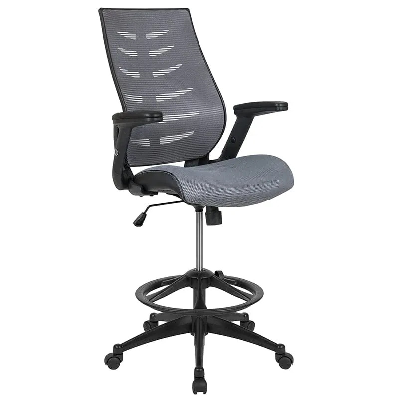 High Back Dark Gray Mesh Spine-Back Ergonomic Drafting Chair with Adjustable Foot Ring and Adjustable Flip-Up Arms [BL-ZP-809D-DKGY-GG]