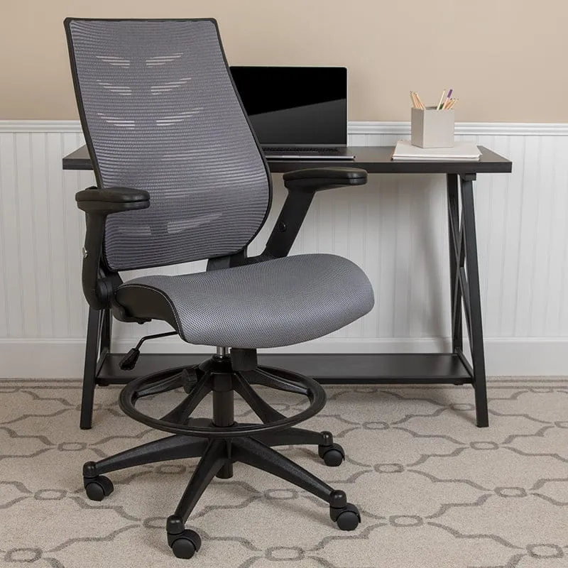 High Back Dark Gray Mesh Spine-Back Ergonomic Drafting Chair with Adjustable Foot Ring and Adjustable Flip-Up Arms [BL-ZP-809D-DKGY-GG]