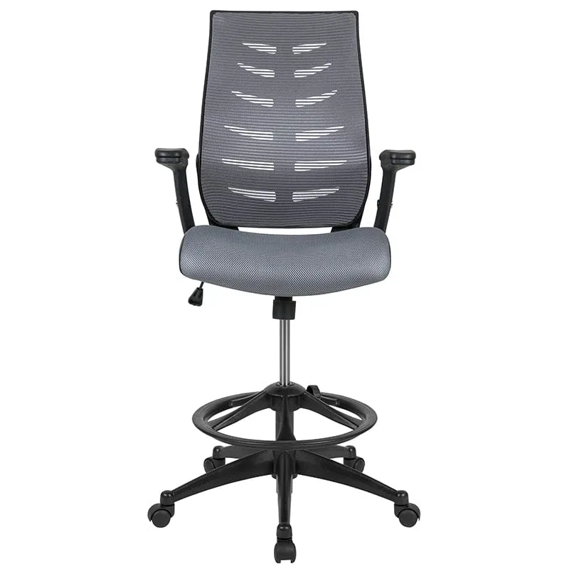 High Back Dark Gray Mesh Spine-Back Ergonomic Drafting Chair with Adjustable Foot Ring and Adjustable Flip-Up Arms [BL-ZP-809D-DKGY-GG]