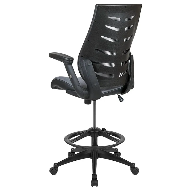 High Back Dark Gray Mesh Spine-Back Ergonomic Drafting Chair with Adjustable Foot Ring and Adjustable Flip-Up Arms [BL-ZP-809D-DKGY-GG]