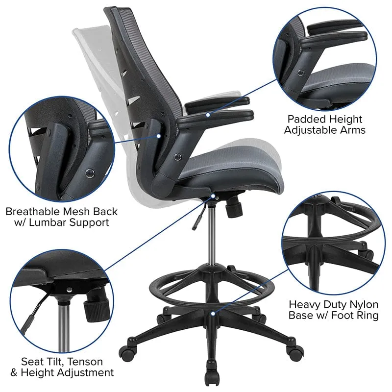 High Back Dark Gray Mesh Spine-Back Ergonomic Drafting Chair with Adjustable Foot Ring and Adjustable Flip-Up Arms [BL-ZP-809D-DKGY-GG]