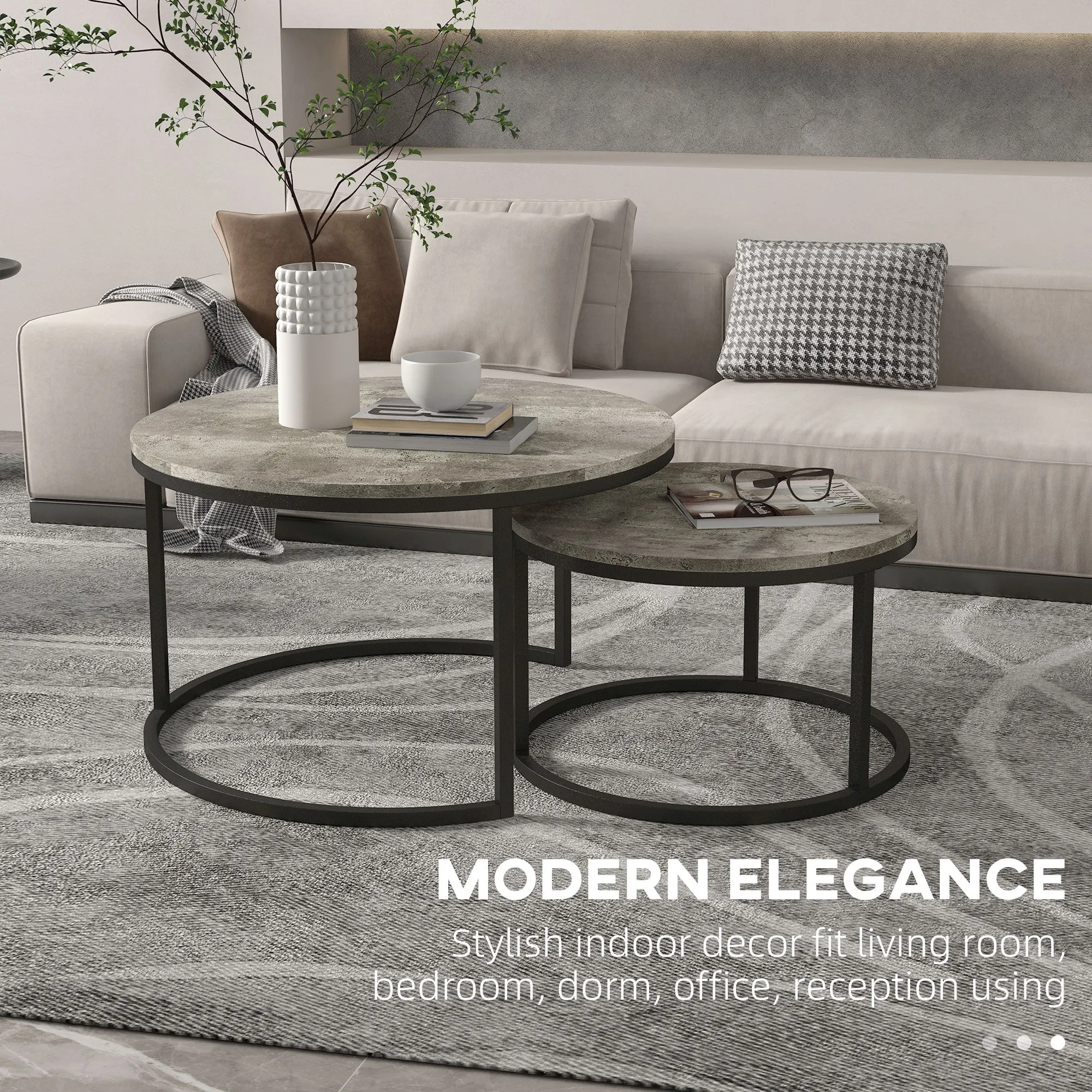 HOMCOM 2 Pcs Stacking Coffee Table Set Steel Frame Cement-Effect Top Foot Pads