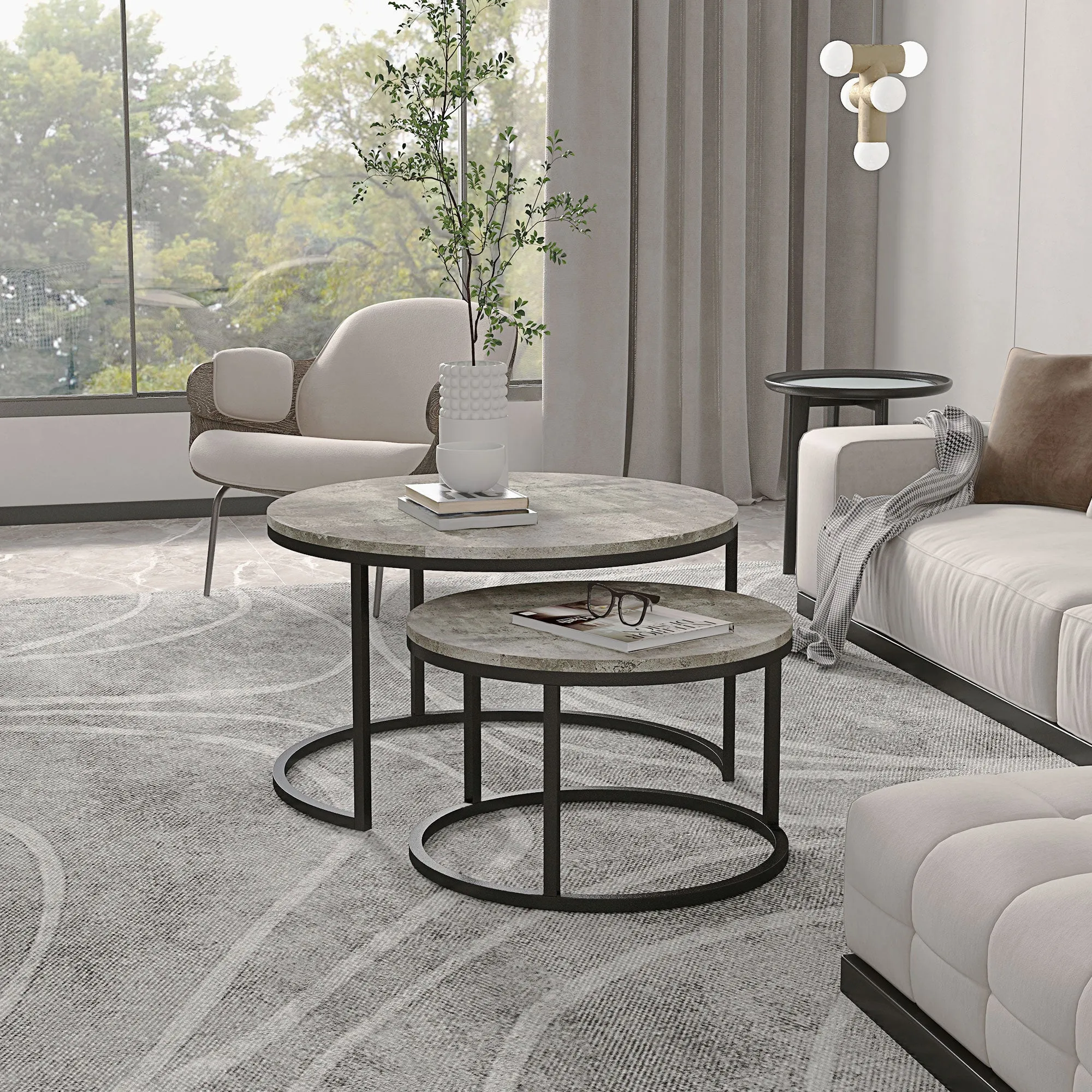 HOMCOM 2 Pcs Stacking Coffee Table Set Steel Frame Cement-Effect Top Foot Pads