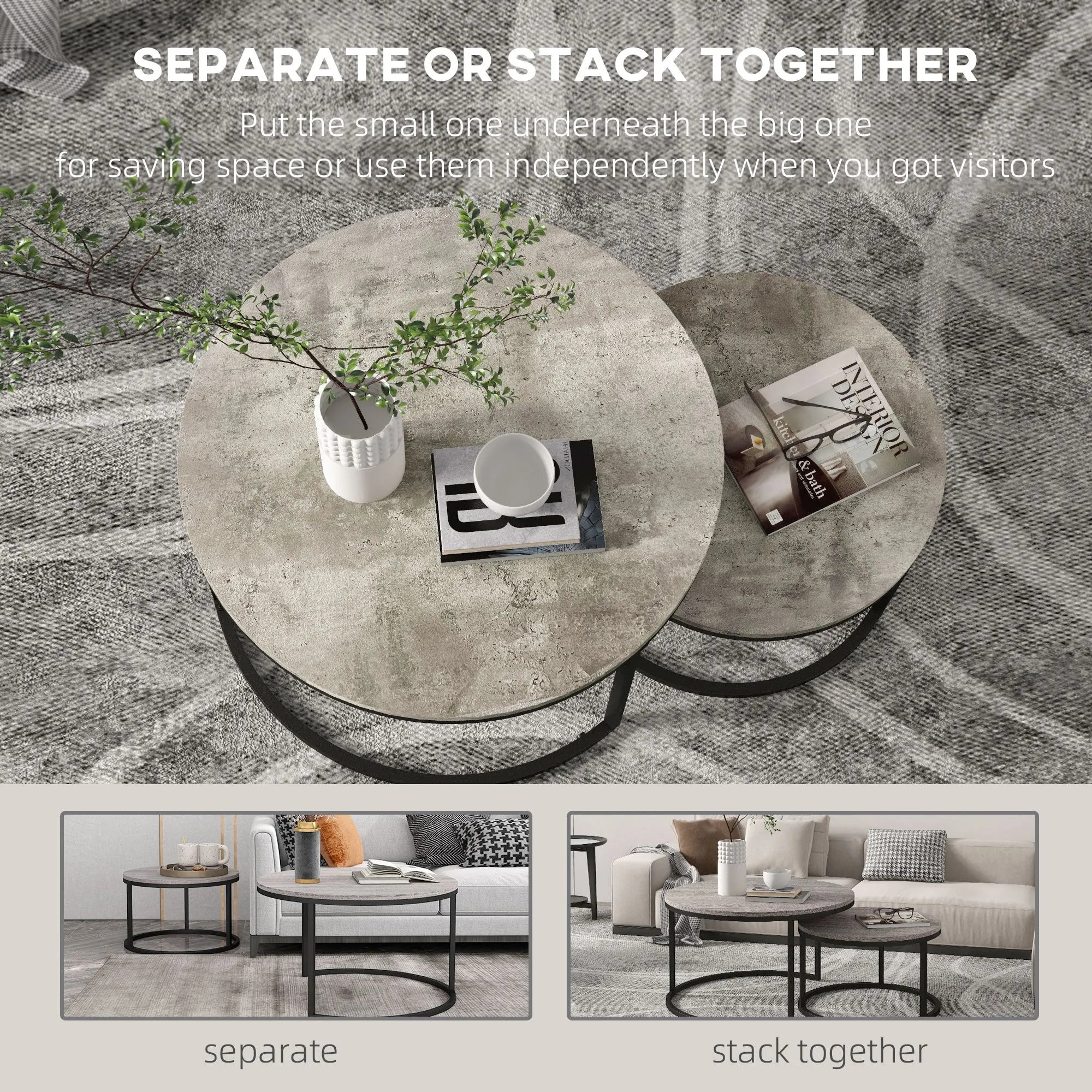 HOMCOM 2 Pcs Stacking Coffee Table Set Steel Frame Cement-Effect Top Foot Pads