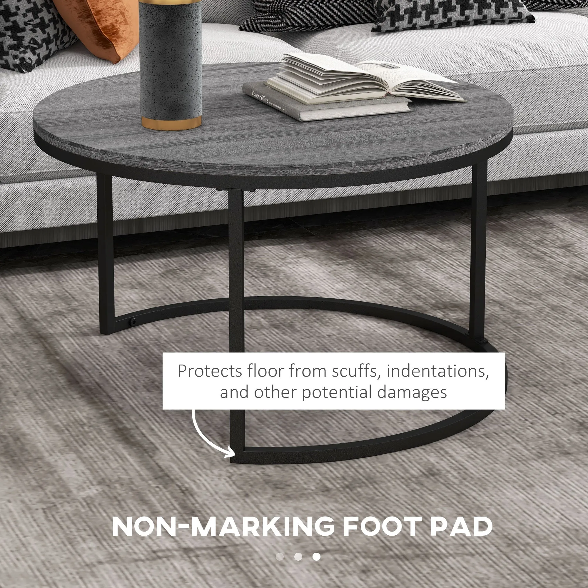 HOMCOM 2 Pcs Stacking Coffee Table Set Steel Frame Wood Effect Top Foot Pads