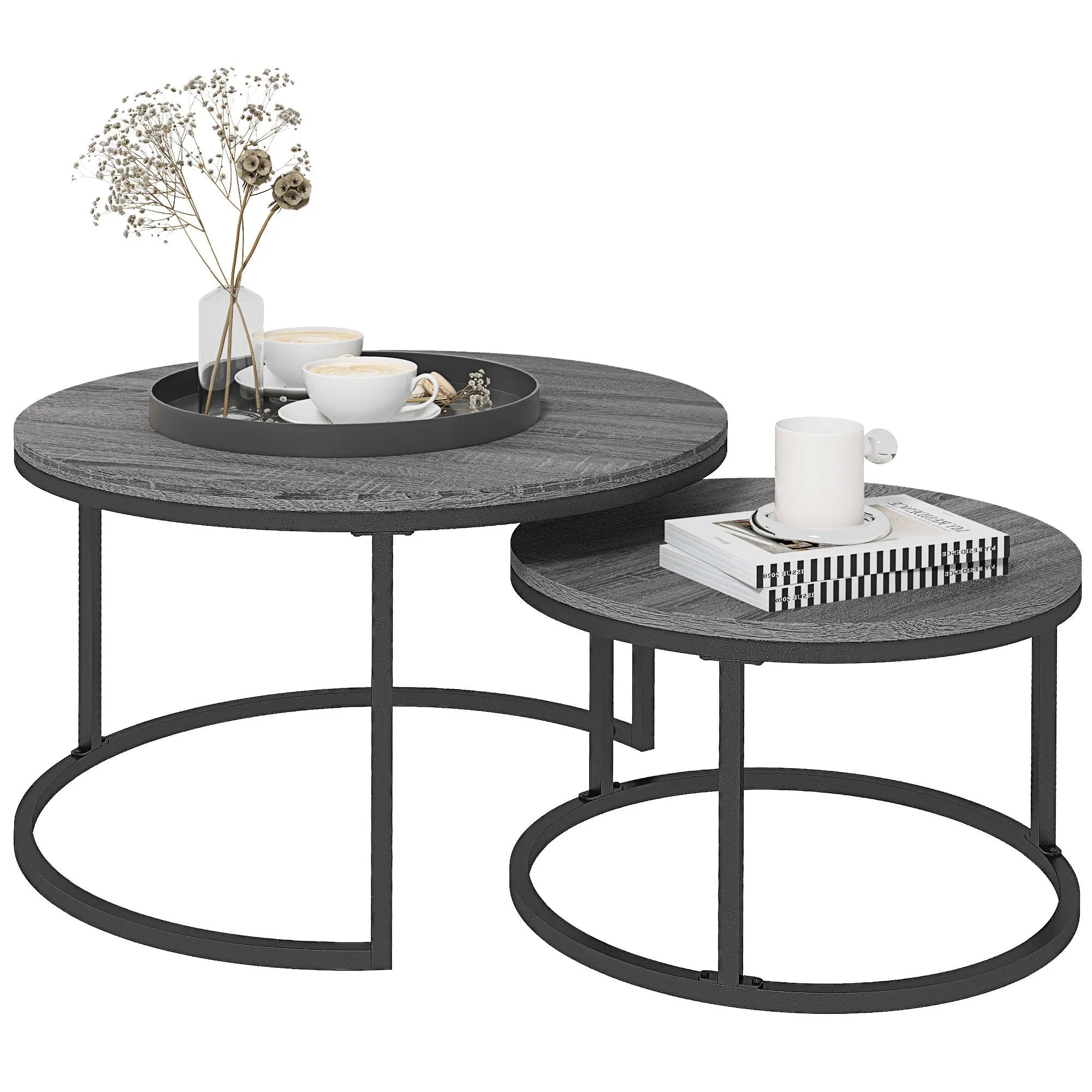 HOMCOM 2 Pcs Stacking Coffee Table Set Steel Frame Wood Effect Top Foot Pads