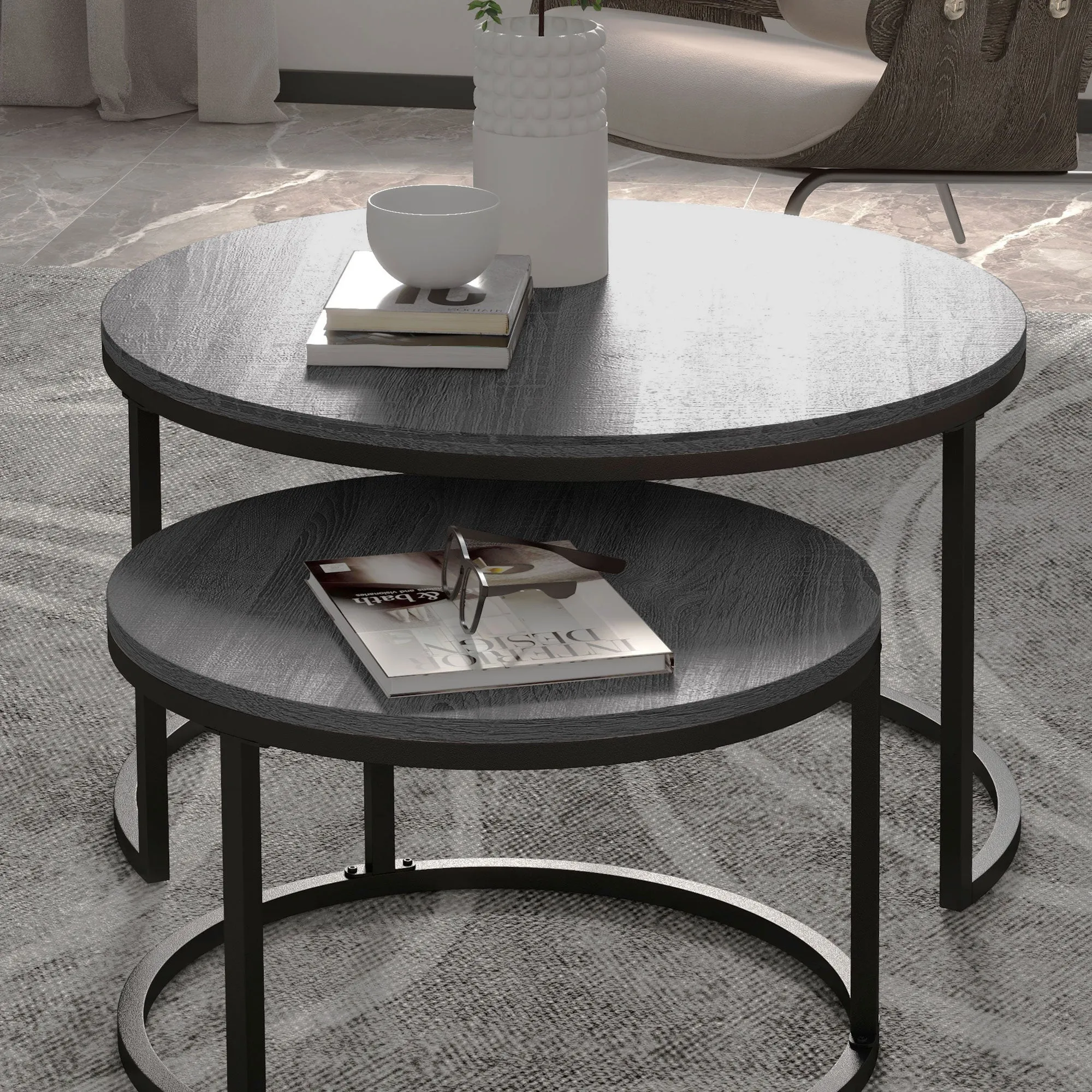 HOMCOM 2 Pcs Stacking Coffee Table Set Steel Frame Wood Effect Top Foot Pads