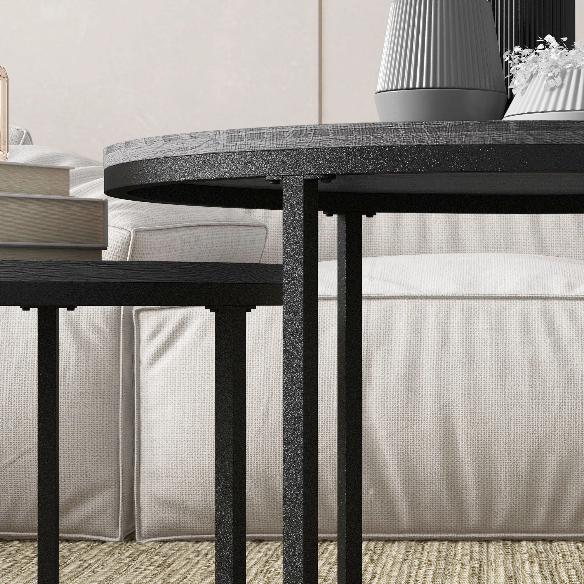 HOMCOM 2 Pcs Stacking Coffee Table Set Steel Frame Wood Effect Top Foot Pads