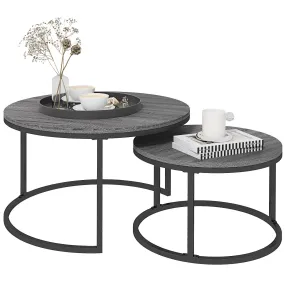 HOMCOM 2 Pcs Stacking Coffee Table Set Steel Frame Wood Effect Top Foot Pads