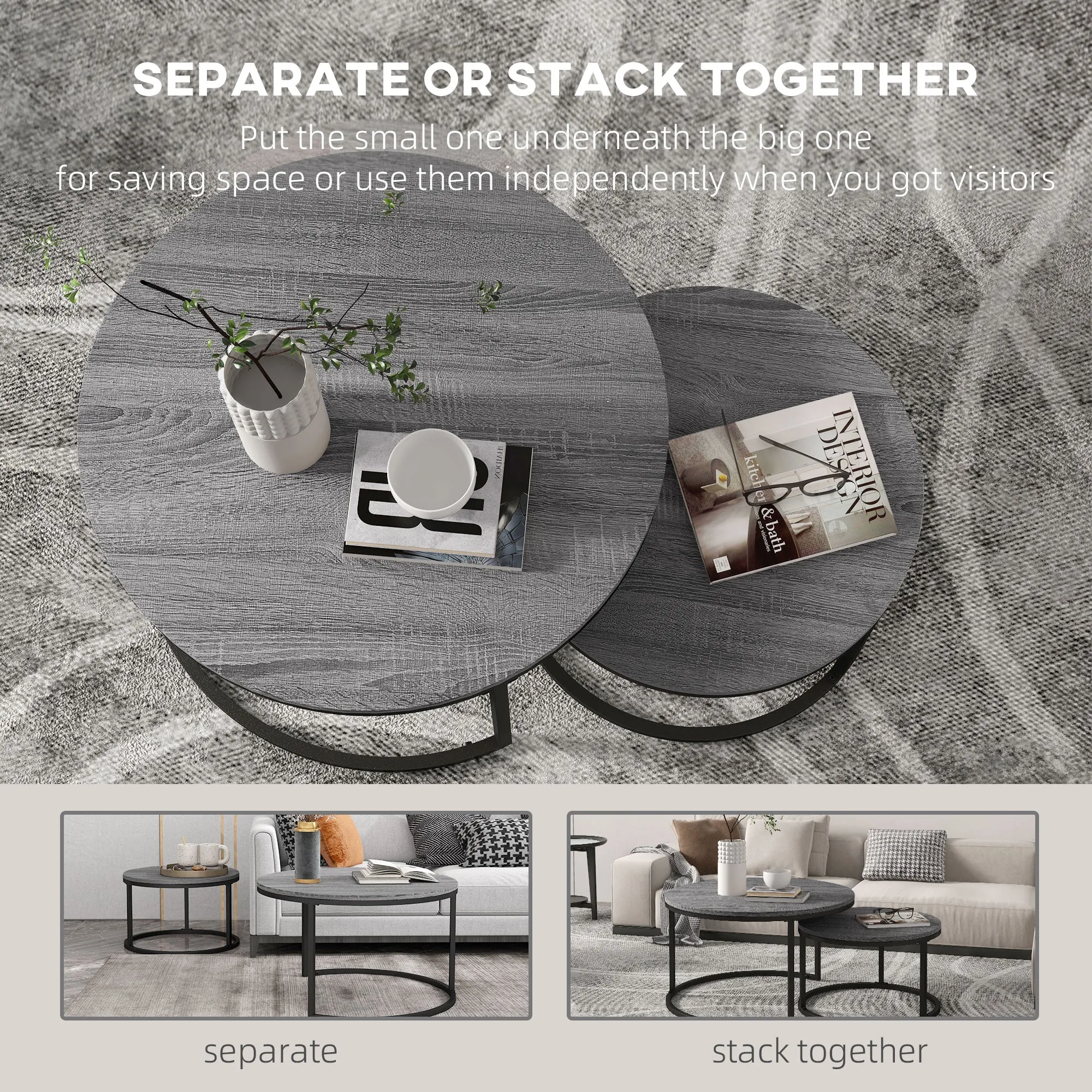 HOMCOM 2 Pcs Stacking Coffee Table Set Steel Frame Wood Effect Top Foot Pads