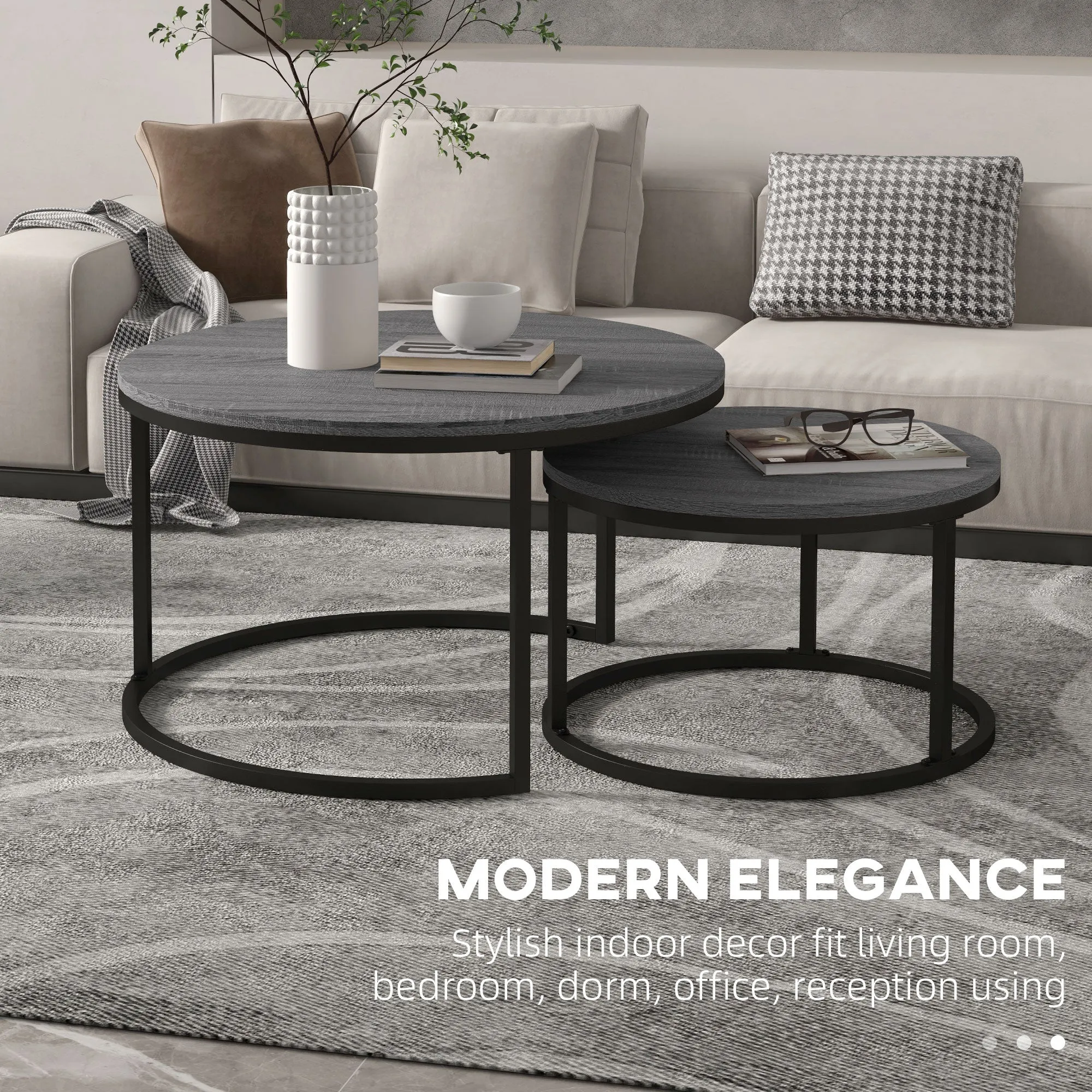 HOMCOM 2 Pcs Stacking Coffee Table Set Steel Frame Wood Effect Top Foot Pads