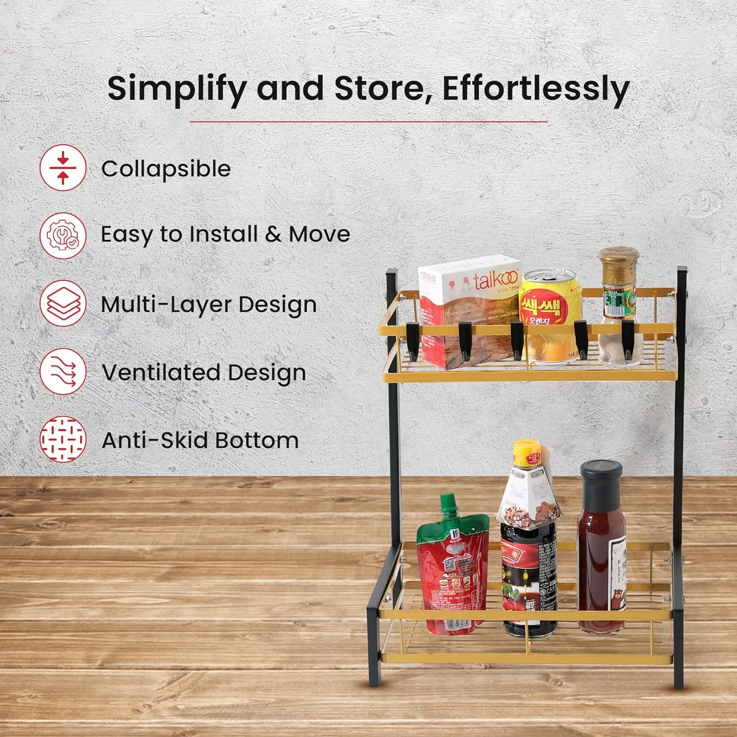 Homestic 2-Layer Dish Drying Rack|Storage Rack for Kitchen Counter|Drainboard & Cutting Board Holder|Premium Utensils Basket (Black & Gold)