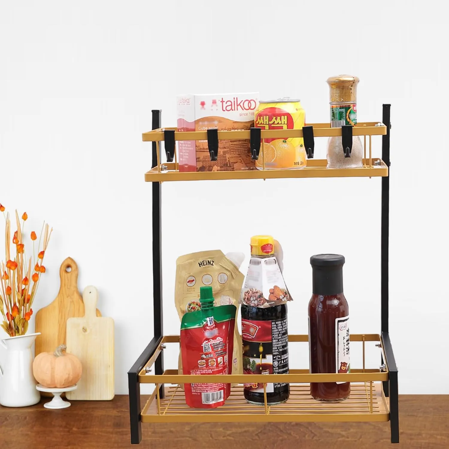 Homestic 2-Layer Dish Drying Rack|Storage Rack for Kitchen Counter|Drainboard & Cutting Board Holder|Premium Utensils Basket (Black & Gold)