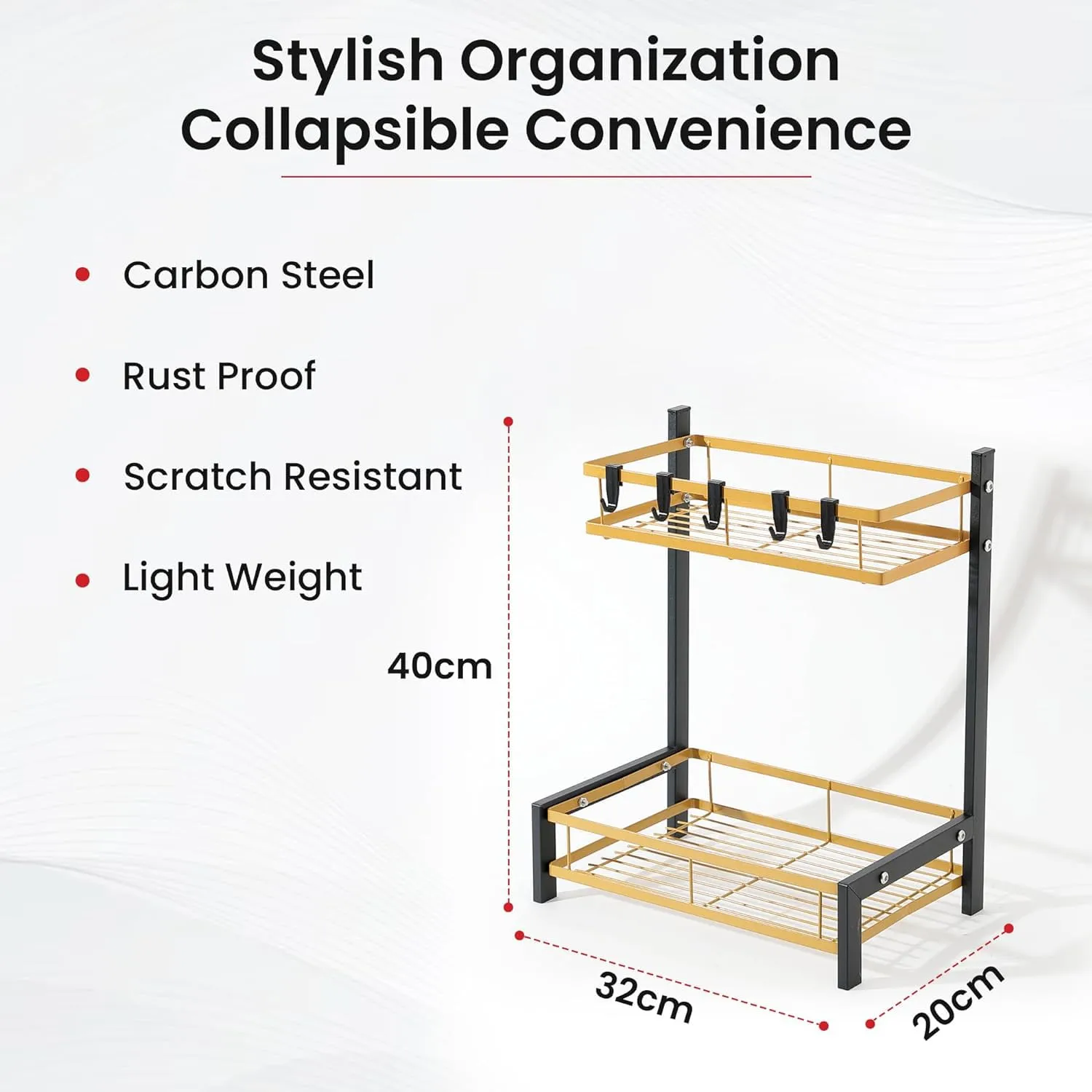 Homestic 2-Layer Dish Drying Rack|Storage Rack for Kitchen Counter|Drainboard & Cutting Board Holder|Premium Utensils Basket (Black & Gold)