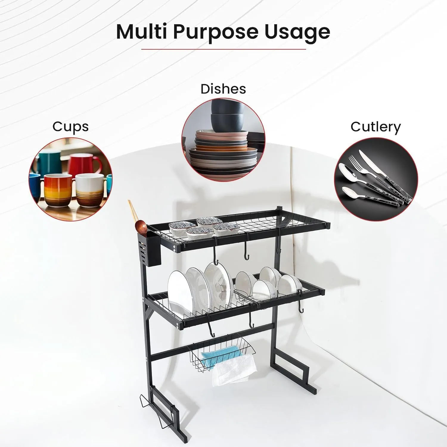 Homestic 2-Layer Dish Drying Rack|Storage Rack for Kitchen Counter|Drainboard & Cutting Board Holder|Premium Utensils Basket (Black)