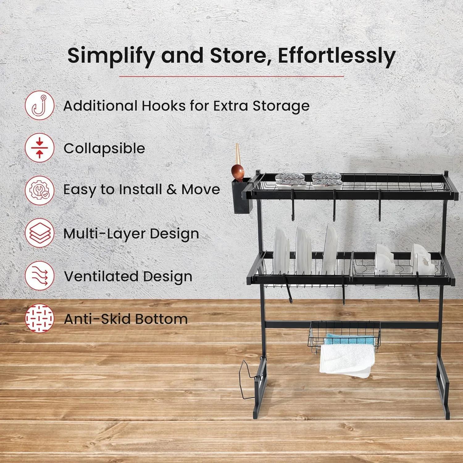 Homestic 2-Layer Dish Drying Rack|Storage Rack for Kitchen Counter|Drainboard & Cutting Board Holder|Premium Utensils Basket (Black)