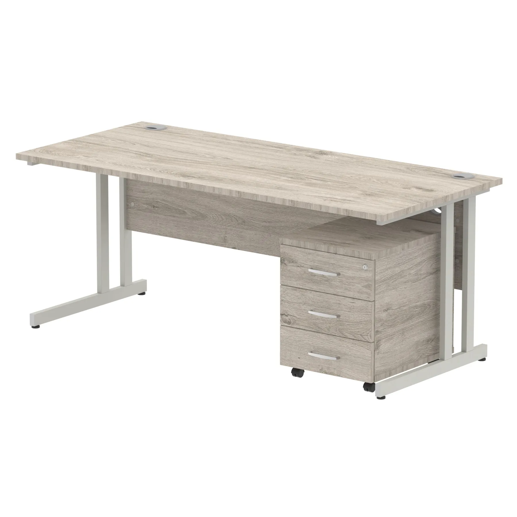 Impulse 1800mm Cantilever Straight Desk & Mobile Pedestal - MFC, Rectangular, 1800x800, Silver/White Frame, 2/3 Lockable Drawers