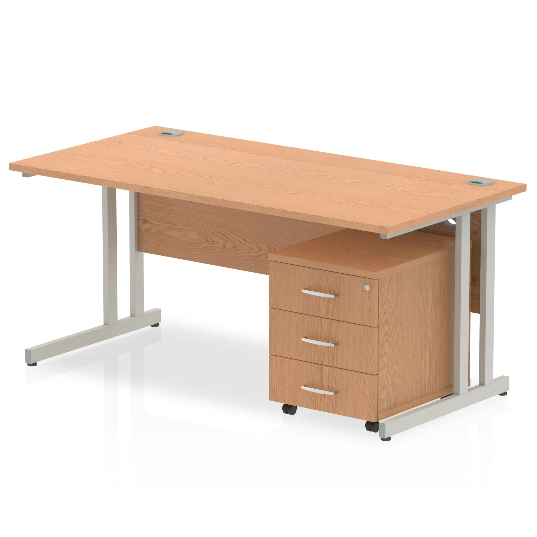 Impulse 1800mm Cantilever Straight Desk & Mobile Pedestal - MFC, Rectangular, 1800x800, Silver/White Frame, 2/3 Lockable Drawers