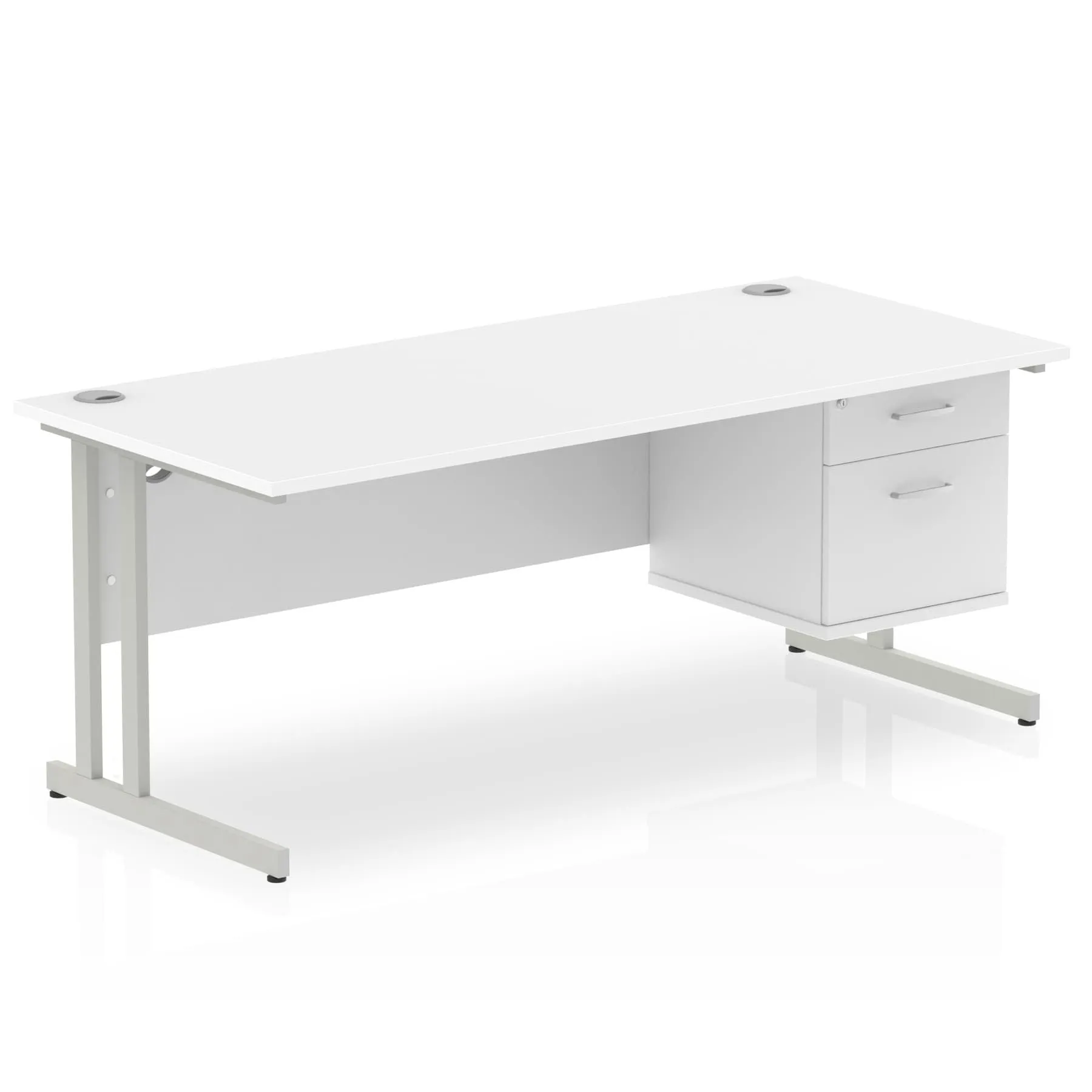 Impulse Cantilever Straight Desk 1200-1800mm Silver Frame, Fixed Pedestal, MFC, 2-3 Lockable Drawers, 5-Year Guarantee, Self-Assembly