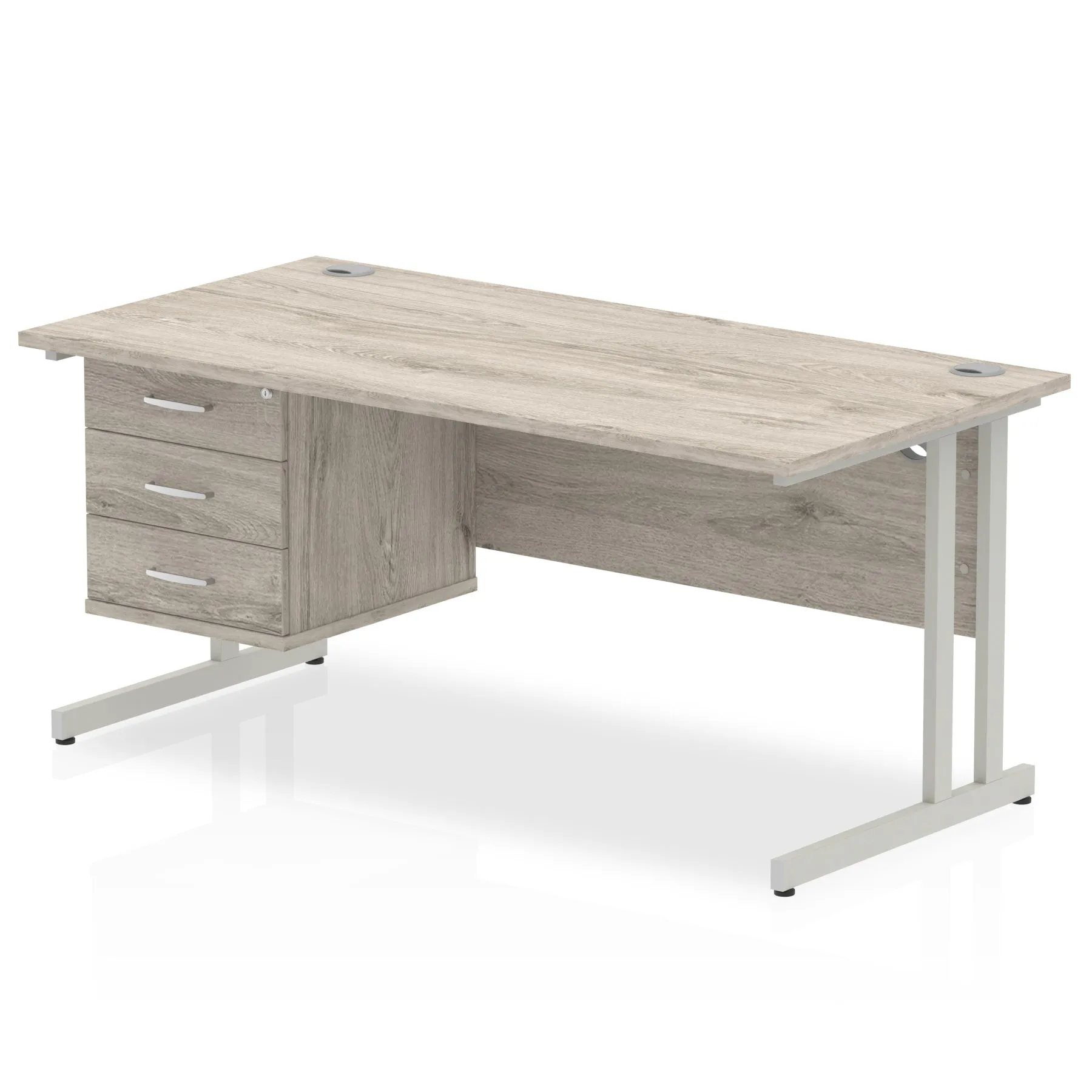 Impulse Cantilever Straight Desk 1200-1800mm Silver Frame, Fixed Pedestal, MFC, 2-3 Lockable Drawers, 5-Year Guarantee, Self-Assembly