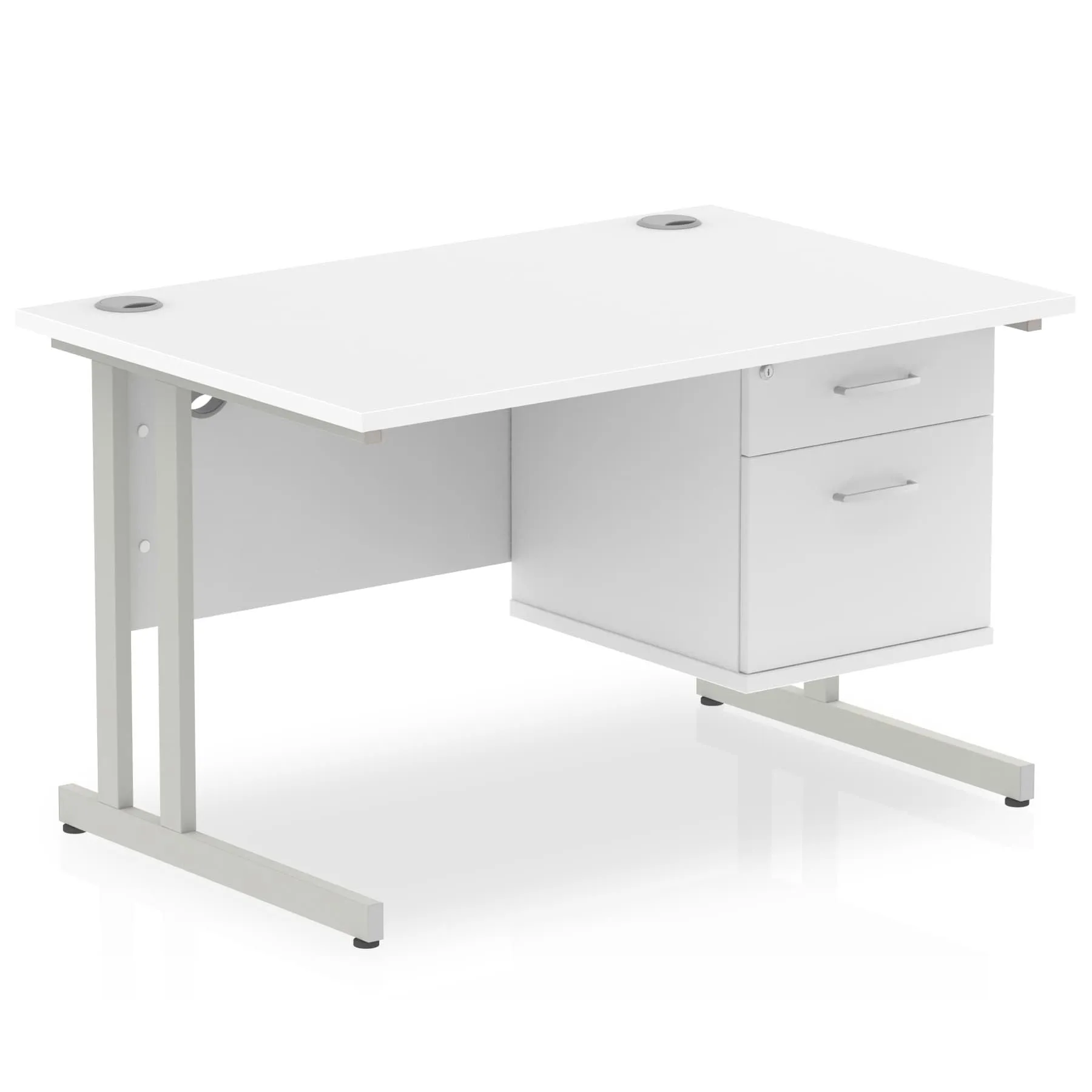 Impulse Cantilever Straight Desk 1200-1800mm Silver Frame, Fixed Pedestal, MFC, 2-3 Lockable Drawers, 5-Year Guarantee, Self-Assembly