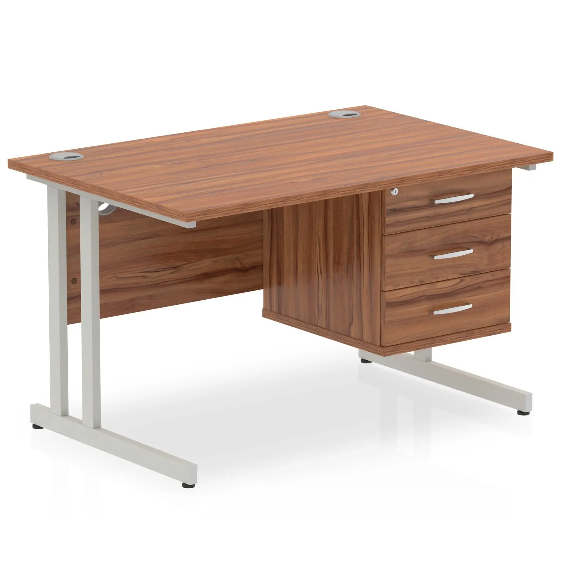 Impulse Cantilever Straight Desk 1200-1800mm Silver Frame, Fixed Pedestal, MFC, 2-3 Lockable Drawers, 5-Year Guarantee, Self-Assembly