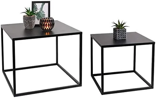 INDIAN DECOR. 45569 Nest of 2 Tables, Cube Square Coffee Tables for Small Spaces, Modern Side Tables, Black Metal End Tables for Living Room, Bedroom, Patio, Office