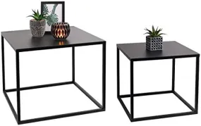 INDIAN DECOR. 45569 Nest of 2 Tables, Cube Square Coffee Tables for Small Spaces, Modern Side Tables, Black Metal End Tables for Living Room, Bedroom, Patio, Office