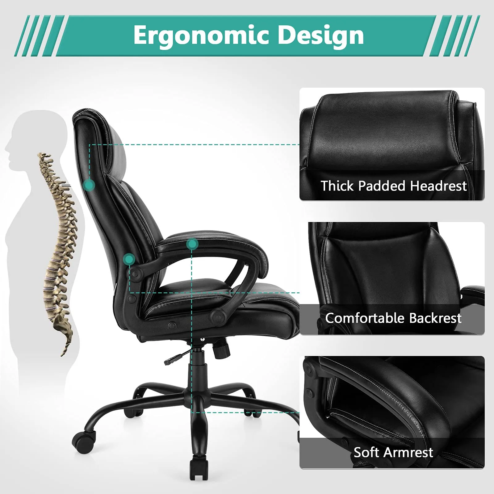 KOMFOTT 400 LBS Big and Tall Office, Leather High Back Executive Chair with Metal Base