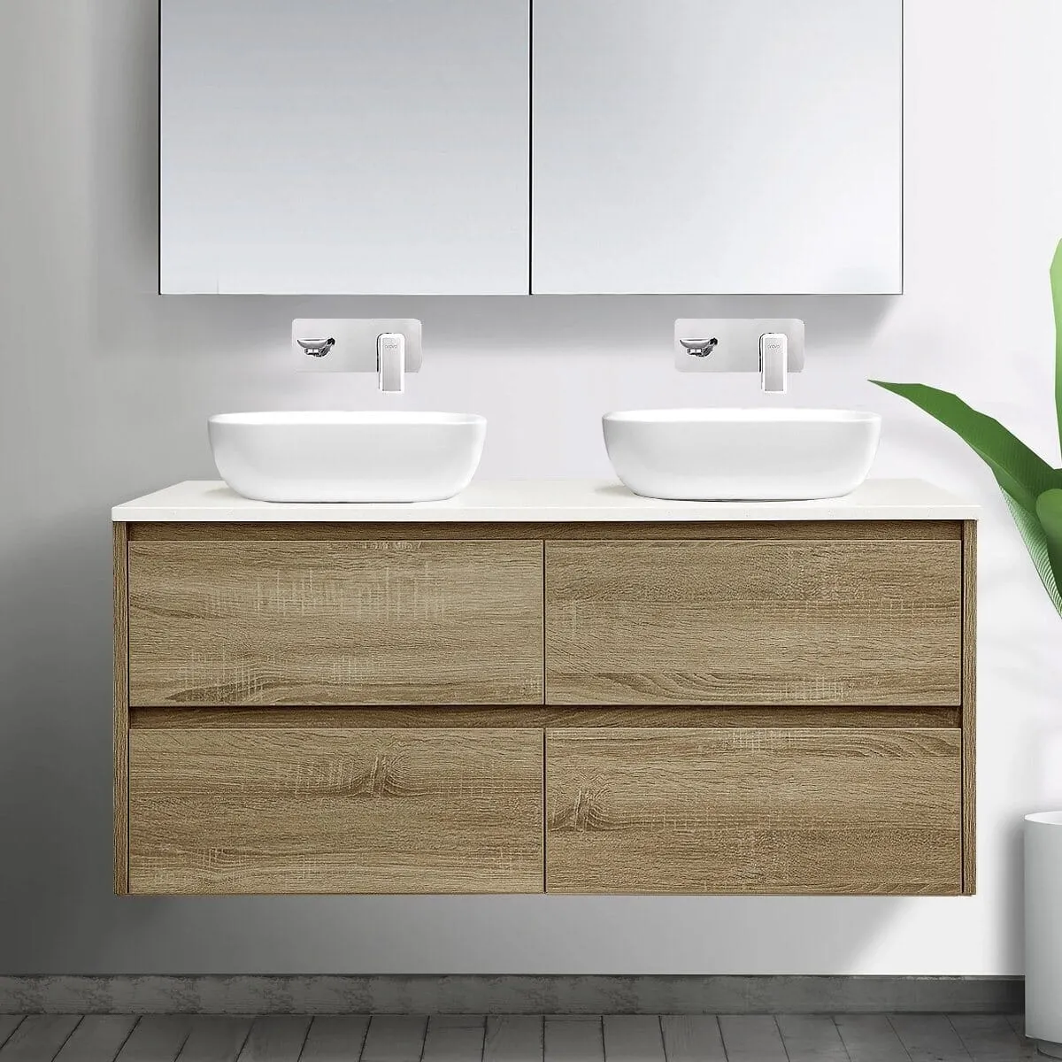 KRIS 1200mm Oak Timber Wall Hung Double Vanity   Luxe Stone Top