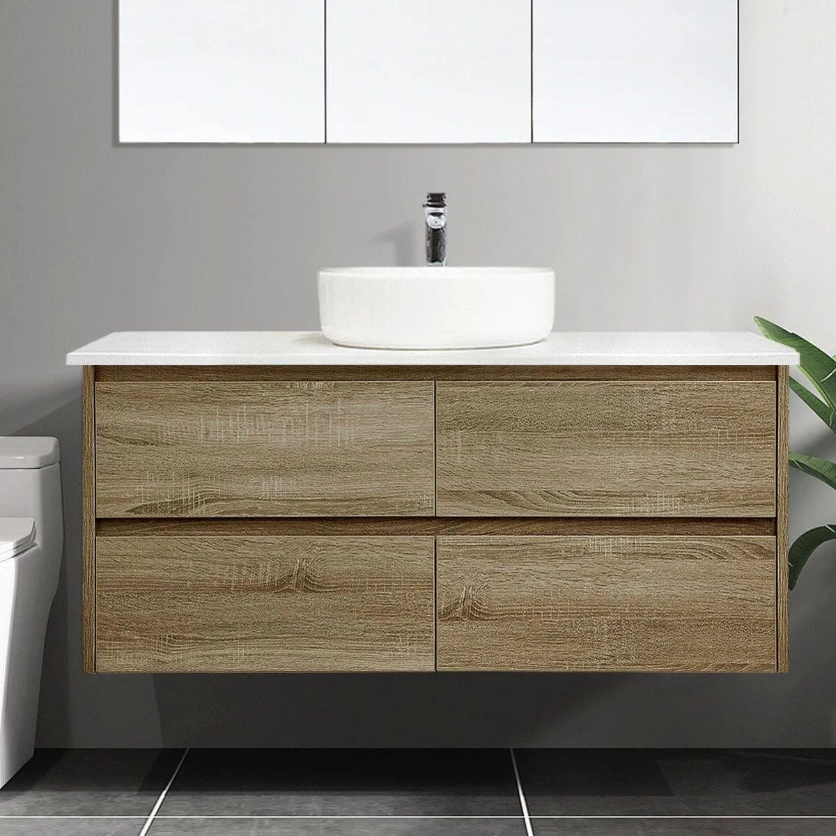 KRIS 1200mm Oak Timber Wall Hung Single Vanity   Bliss Stone Top