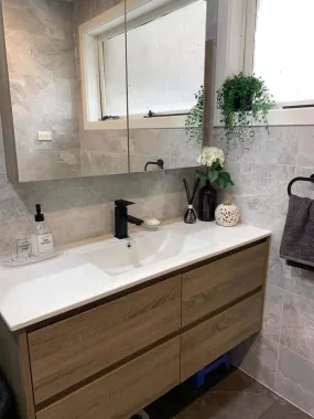 KRIS 1200mm Oak Timber Wall Hung Single Vanity   Ceramic Top