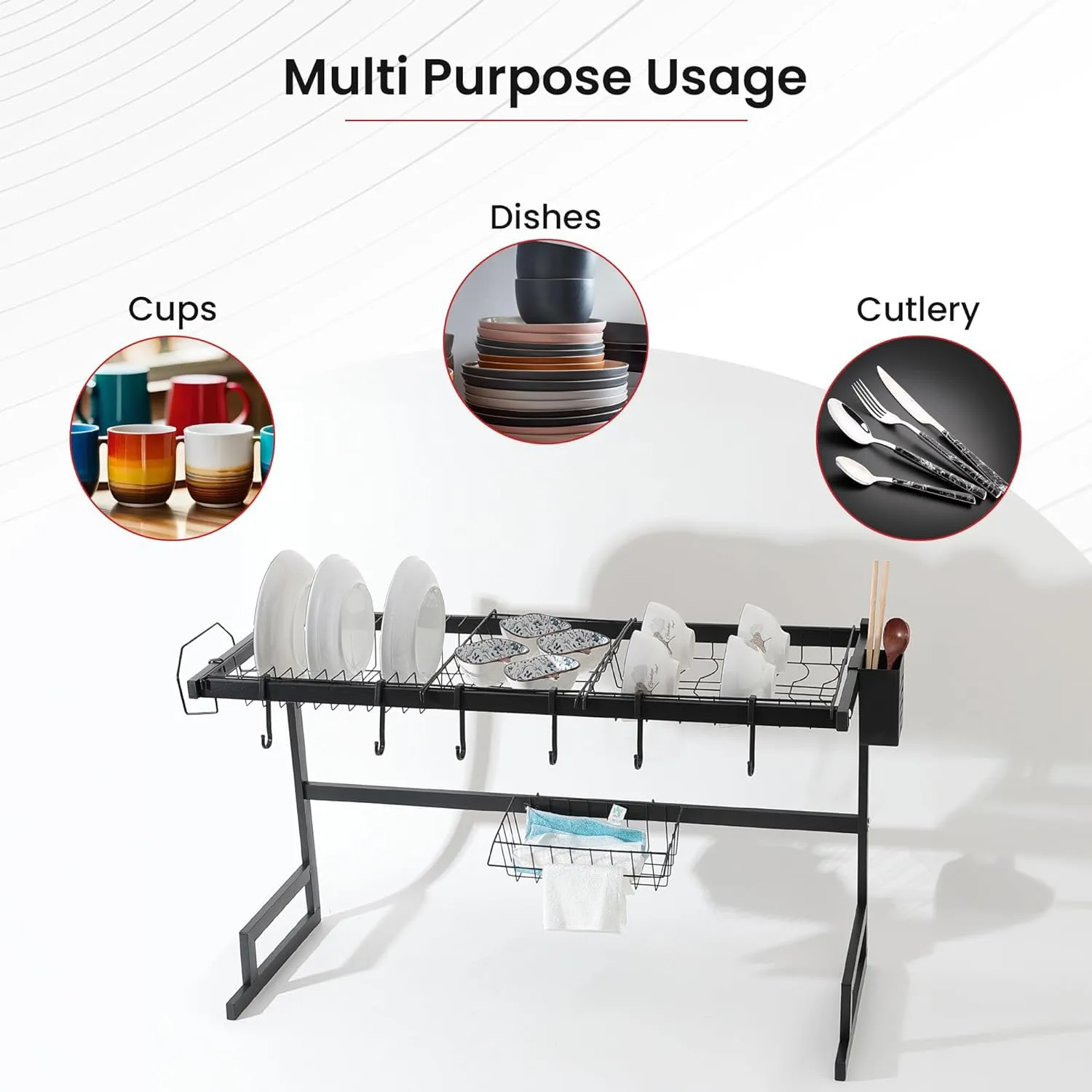 Kuber Industries 2-Layer Dish Drying Rack|Storage Rack for Kitchen Counter|Drainboard & Cutting Board Holder|Premium Utensils Basket Pack of 2 (Black)