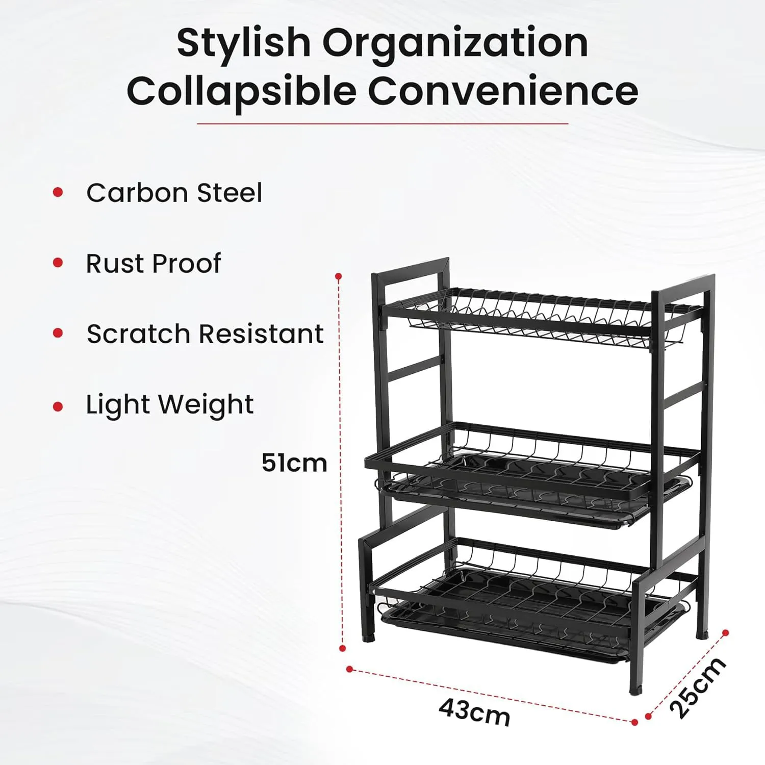 Kuber Industries 3-Layer Dish Drying Rack|Storage Rack for Kitchen Counter|Drainboard & Cutting Board Holder|Premium Utensils Basket|Free Mounting Pack of 2 (Black)
