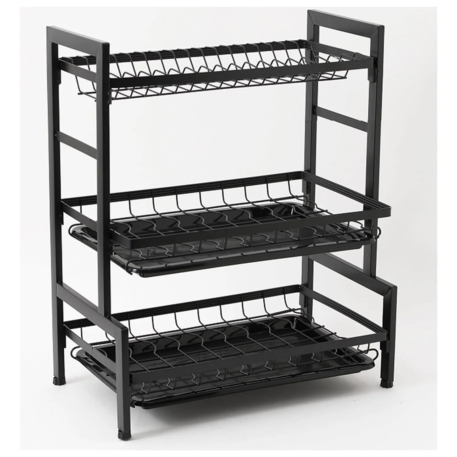 Kuber Industries 3-Layer Dish Drying Rack|Storage Rack for Kitchen Counter|Drainboard & Cutting Board Holder|Premium Utensils Basket|Free Mounting Pack of 2 (Black)