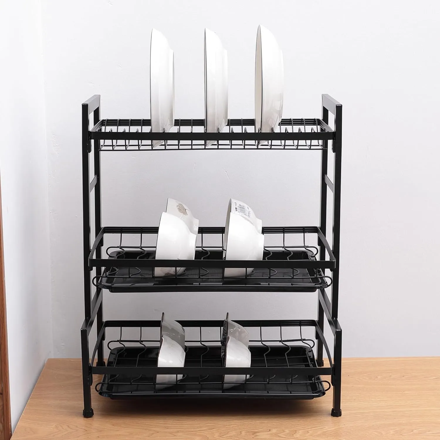 Kuber Industries 3-Layer Dish Drying Rack|Storage Rack for Kitchen Counter|Drainboard & Cutting Board Holder|Premium Utensils Basket|Free Mounting Pack of 2 (Black)