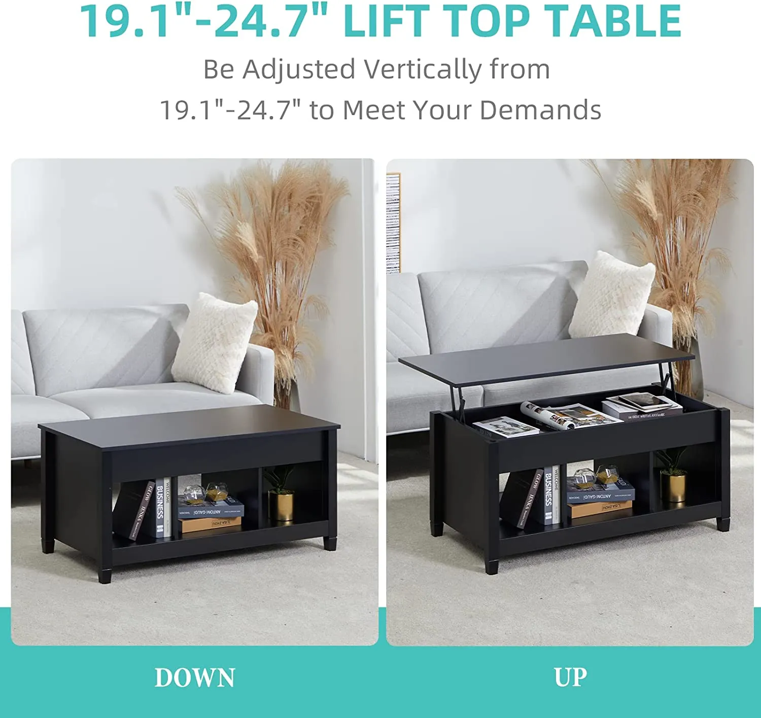 Lift Top Coffee Table, 41" X 19.5" Rising Dining Table w/ Hidden Storage, Black