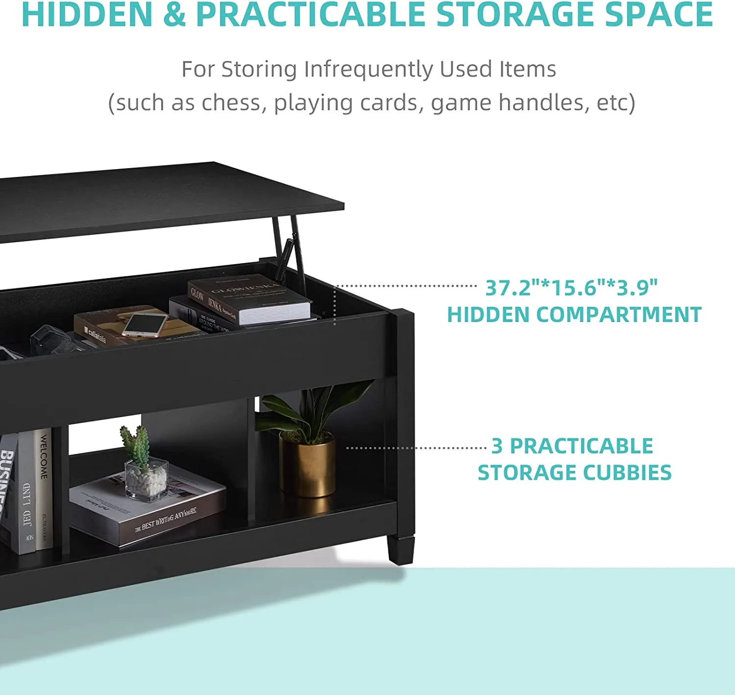 Lift Top Coffee Table, 41" X 19.5" Rising Dining Table w/ Hidden Storage, Black