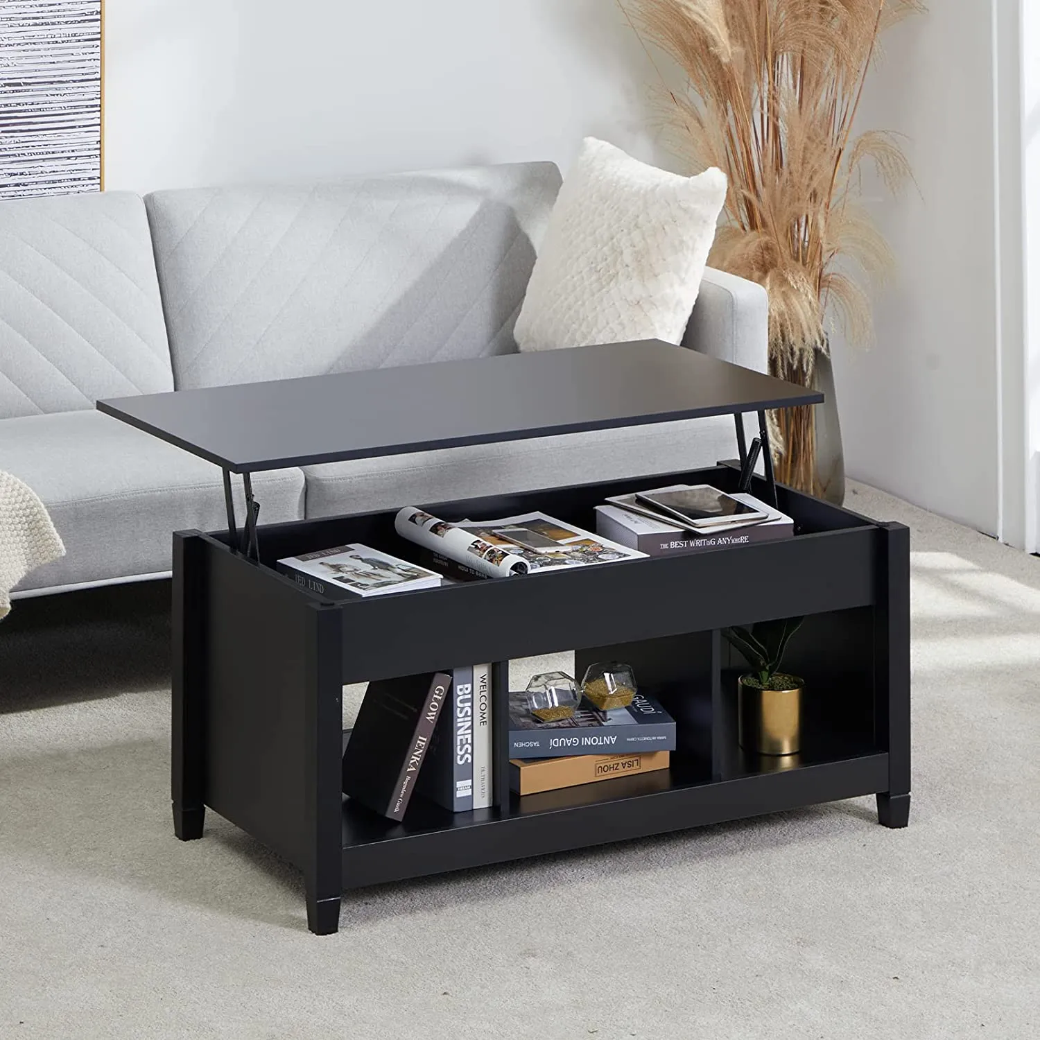 Lift Top Coffee Table, 41" X 19.5" Rising Dining Table w/ Hidden Storage, Black