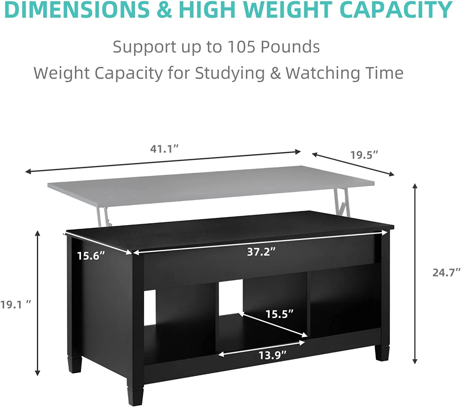 Lift Top Coffee Table, 41" X 19.5" Rising Dining Table w/ Hidden Storage, Black