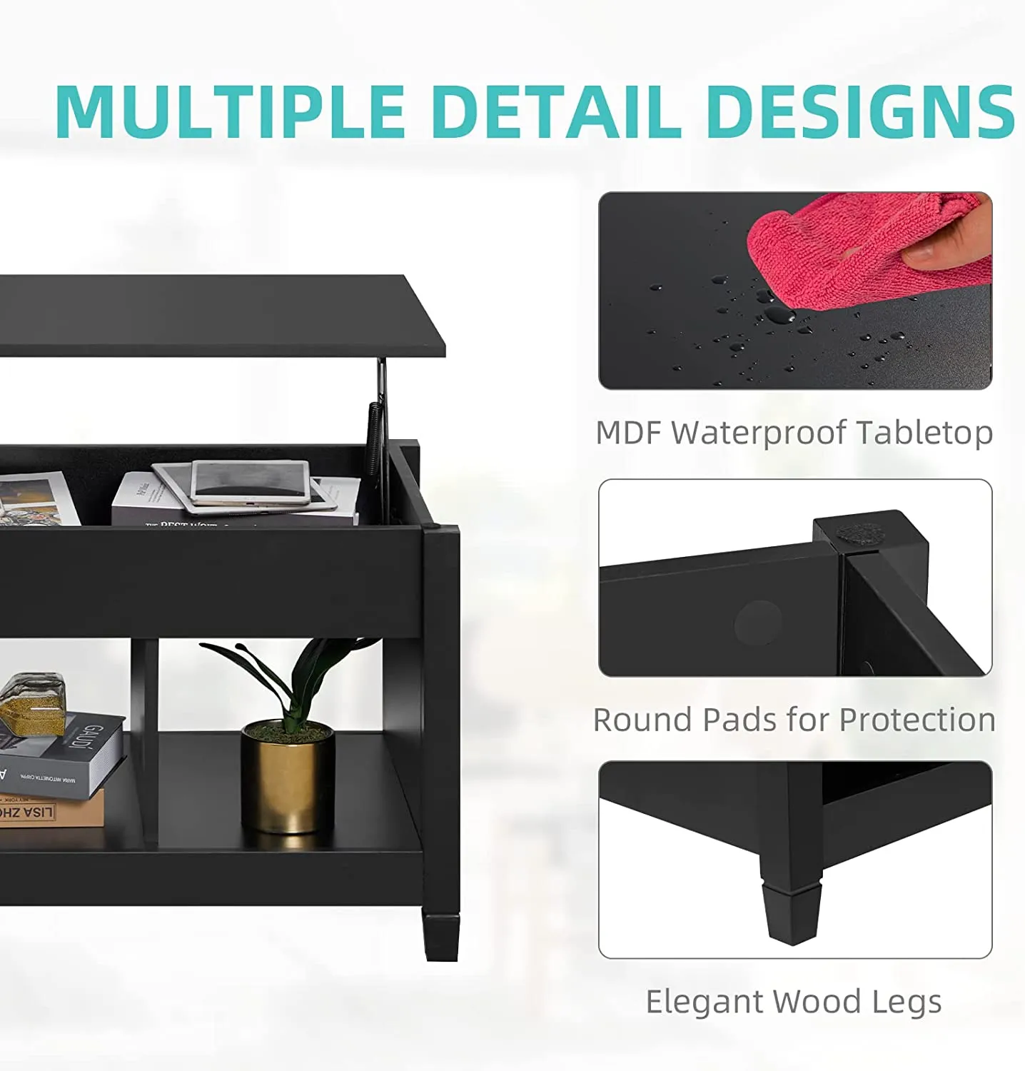 Lift Top Coffee Table, 41" X 19.5" Rising Dining Table w/ Hidden Storage, Black