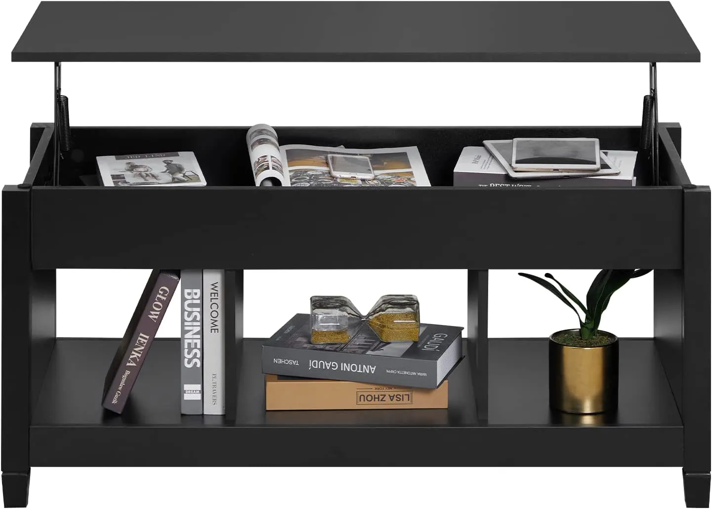 Lift Top Coffee Table, 41" X 19.5" Rising Dining Table w/ Hidden Storage, Black