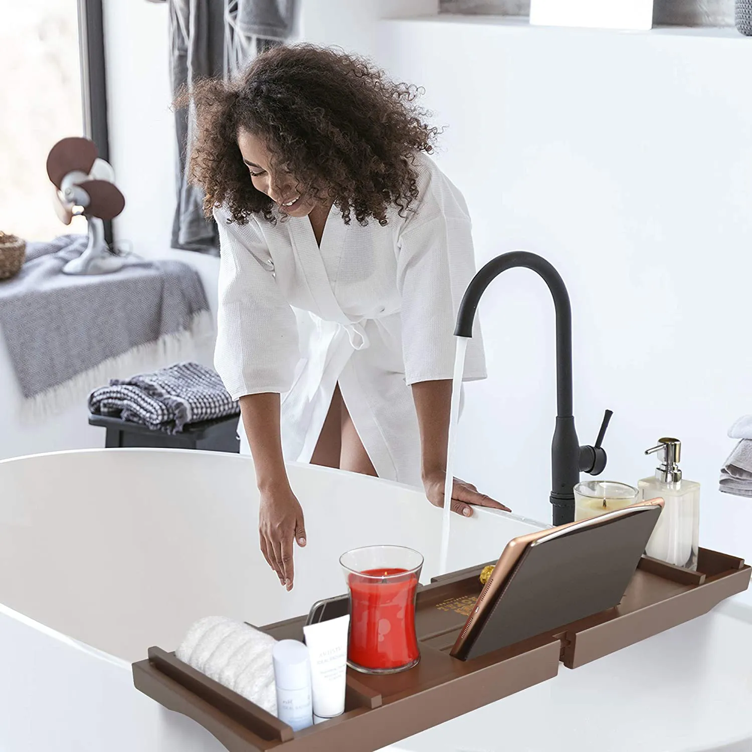 Luxury Bamboo Bathtub Caddy Tray - Adjustable Organizer Tray for Bathroom with Free Soap Dish (Brown)
