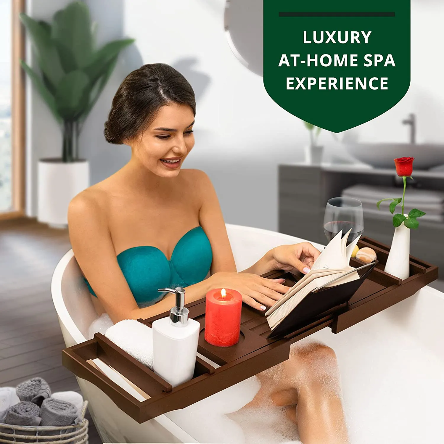 Luxury Bamboo Bathtub Caddy Tray - Adjustable Organizer Tray for Bathroom with Free Soap Dish (Brown)