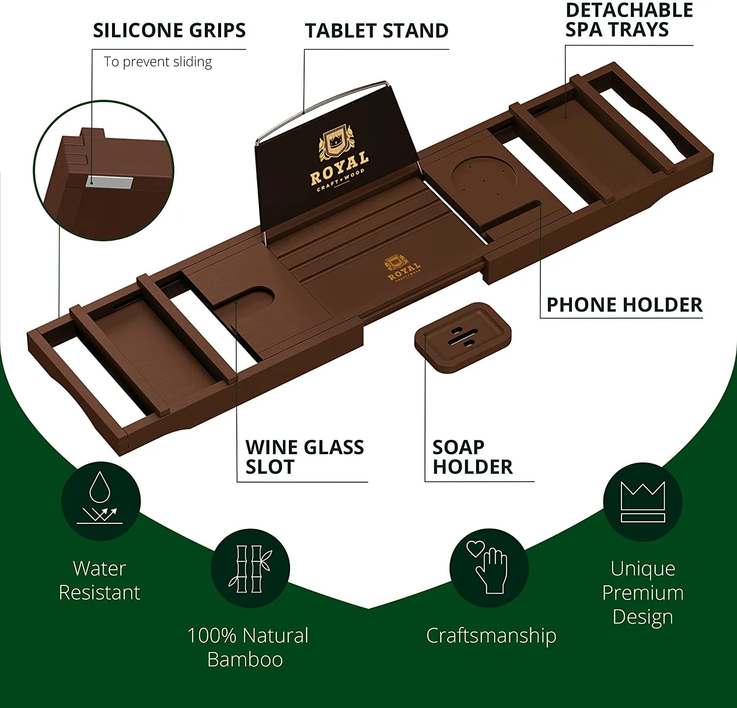 Luxury Bamboo Bathtub Caddy Tray - Adjustable Organizer Tray for Bathroom with Free Soap Dish (Brown)